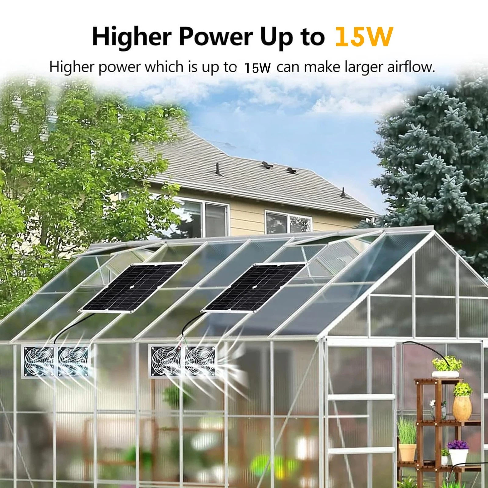 15W Dual Head Solar Exhaust Fan, IP65 Waterproof Ventilation Fan for Greenhouse