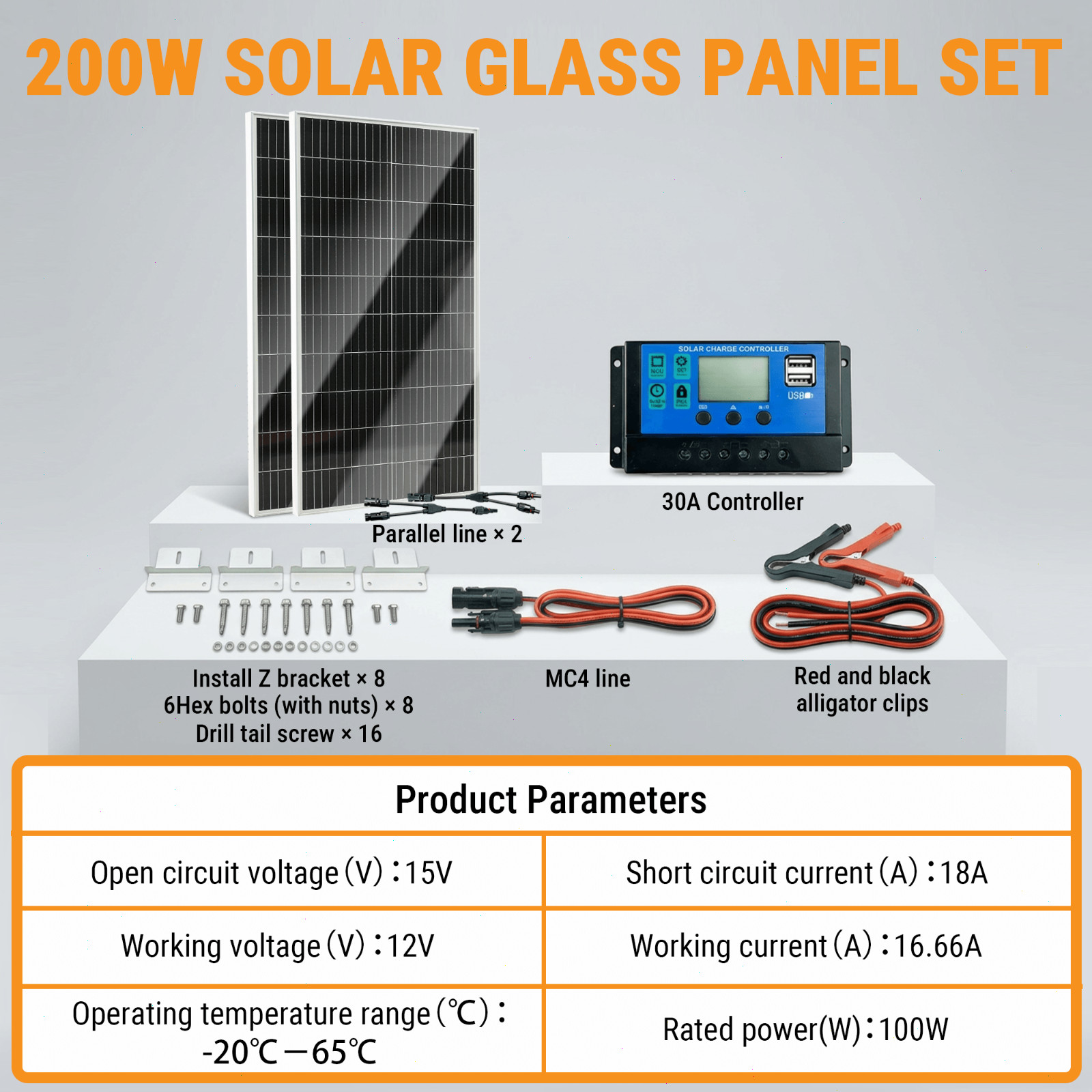 200W 12V/24V Monocrystalline Solar Panel Kit w/ 30A PWM Charge Controller