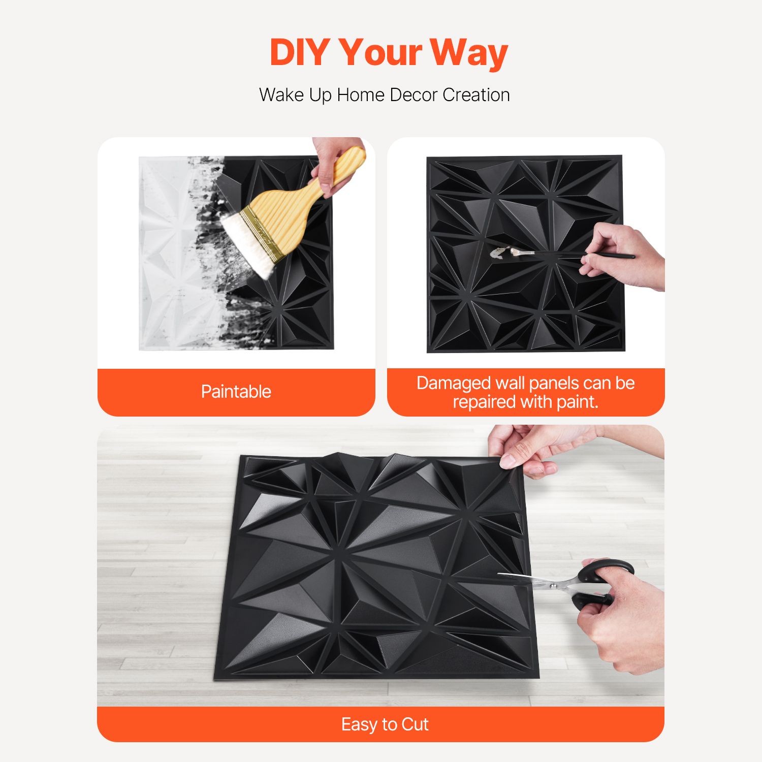 33 – Pack 11.81×11.81 in PVC 3D Diamond Wall Panels, 32 Sq Ft, Matte Black for