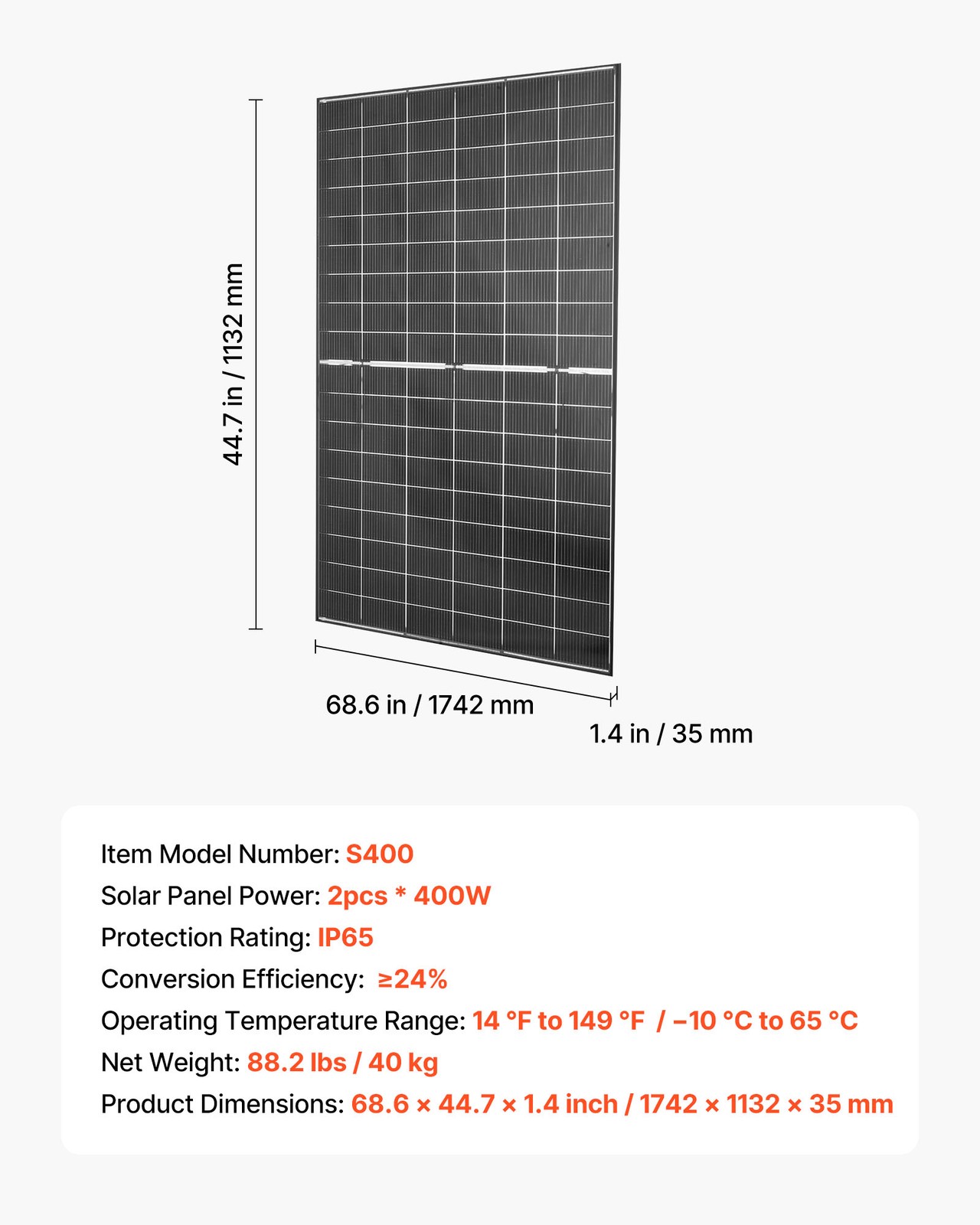 VEVOR 2PCS 400W Bifacial Solar Panels 24% Efficiency Monocrystalline PV Module
