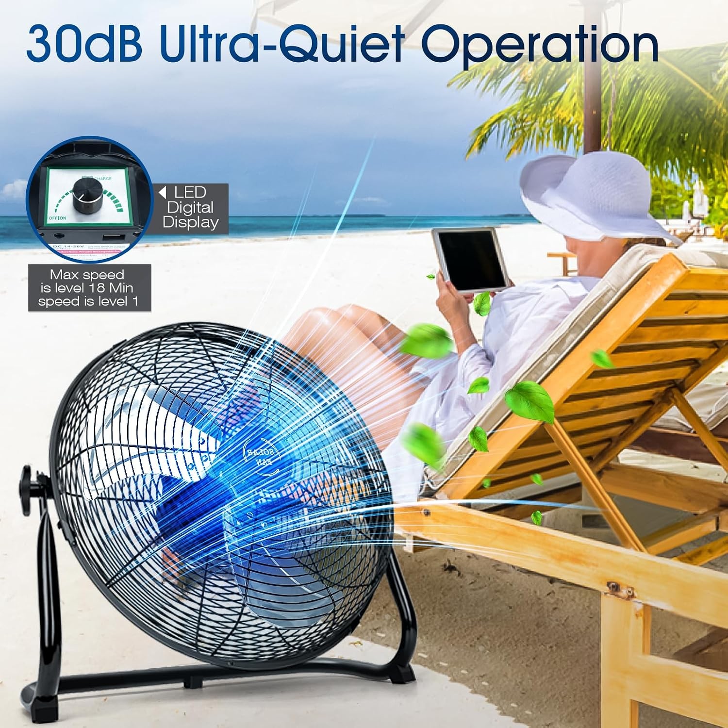18” Solar Powered Fan W/ 30W Solar Panel Portable Solar Outdoor Floor Fan