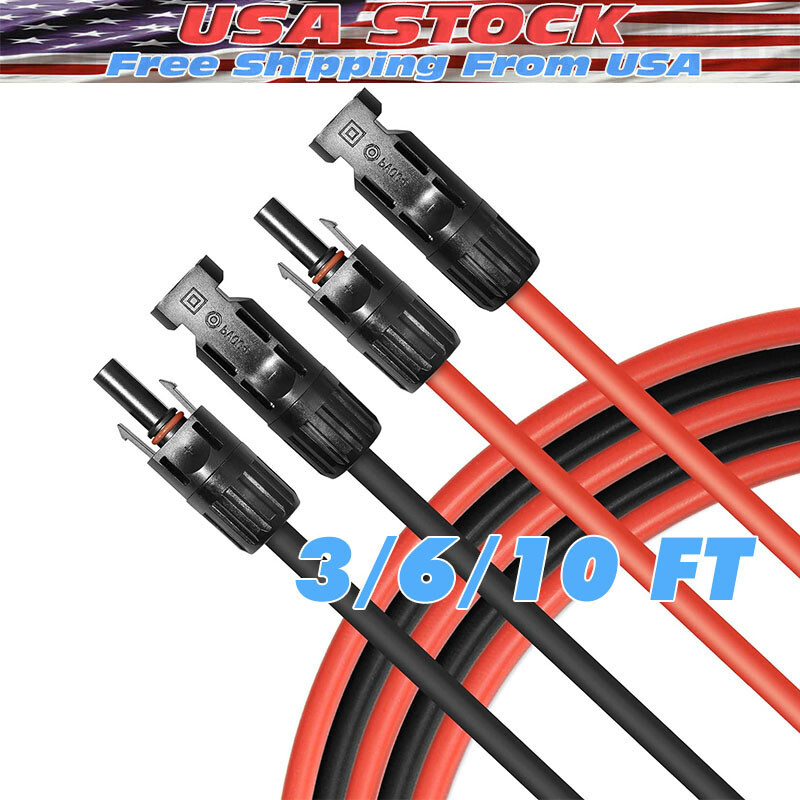 Black+Red 10 AWG Solar Panel Extension Cable Silicone Flexible Wire Connectors