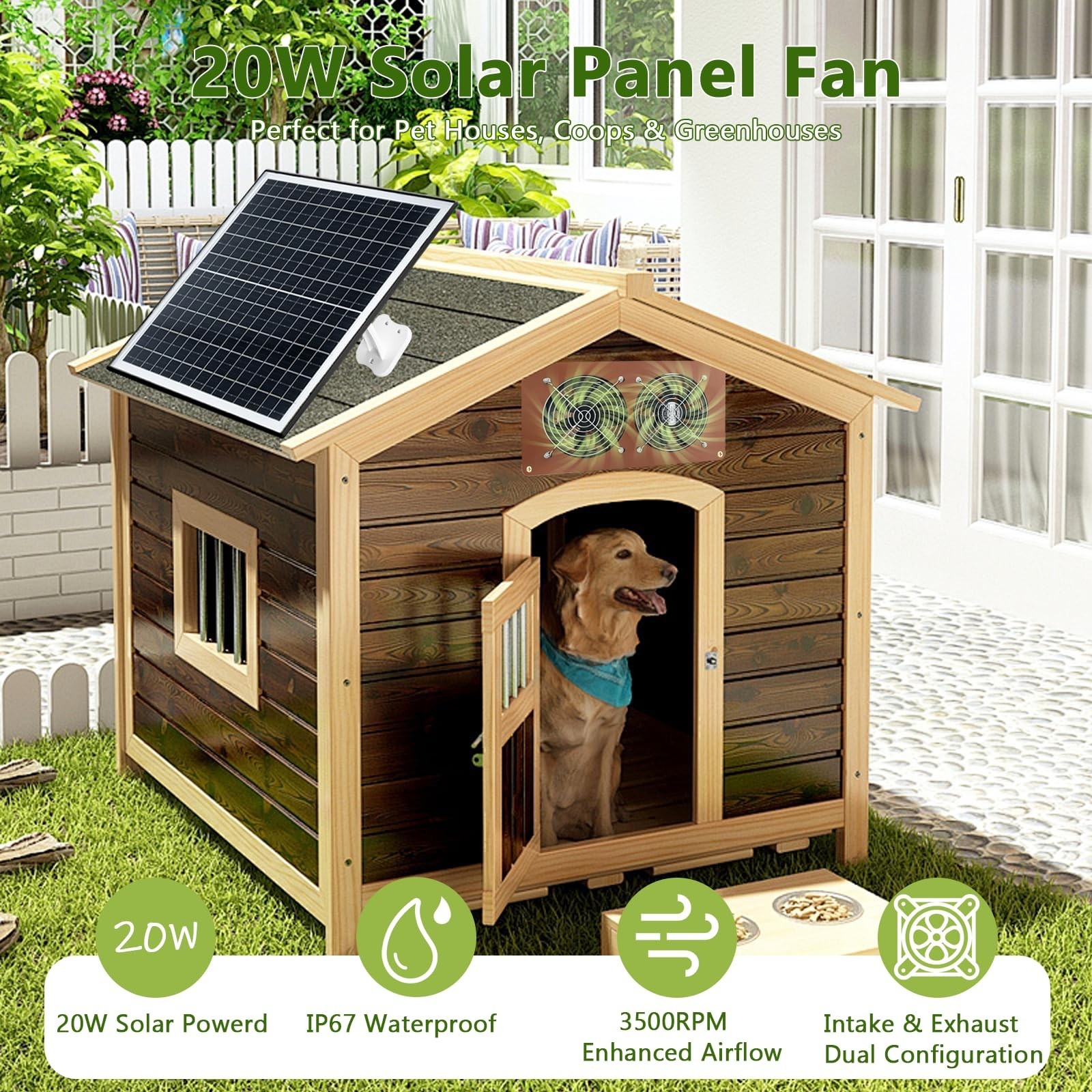 Solar Powered Chicken Coop Fan Kit – 20W Exhaust Fan, Dual 3500RPM, Waterproof,