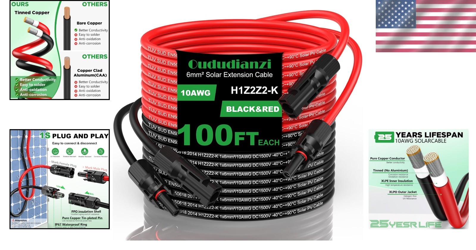 Tinned Copper 10Gauge Solar Wire – 100ft Pair