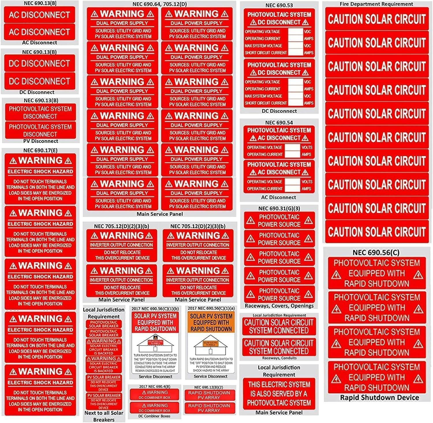 62-Pack Solar PV System Label Kit – Code 2020/2023 Compliant Photovoltaic Sticke