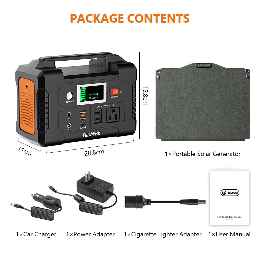 Flashfish 200W Portable Power Station Generator 151Wh Li-ion + 60W Solar Panel
