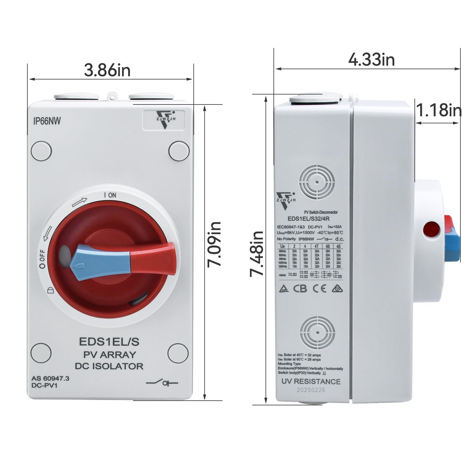Solar Disconnect Switch 4-Pole DC 1500V 32A Isolator Solar Switch with Enclos…