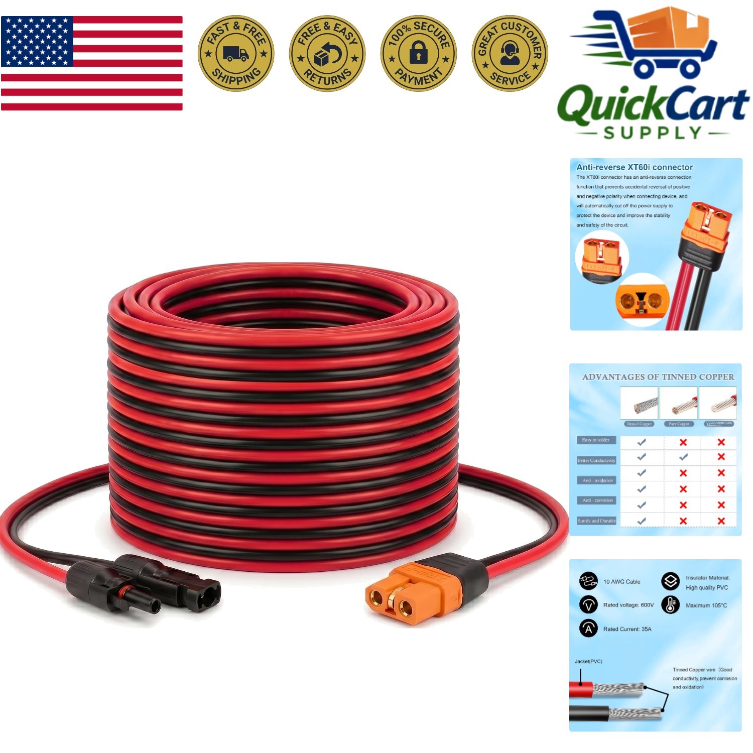 Durable 25FT Solar Panel to XT60i 10AWG Cable – Reliable & Efficient Connectors