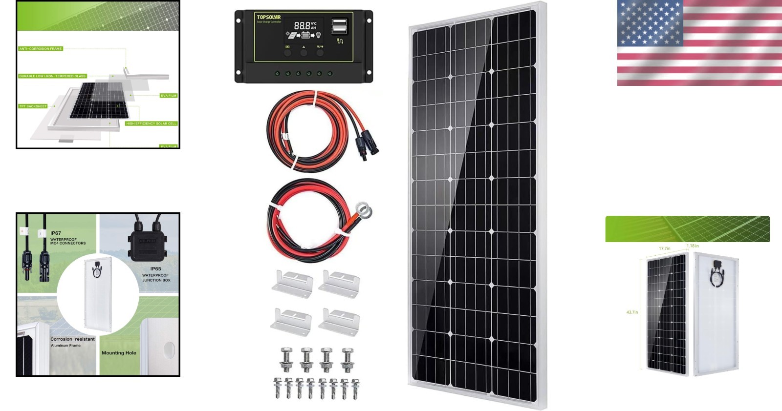100W Monocrystalline Solar Panel Kit + Charge Controller