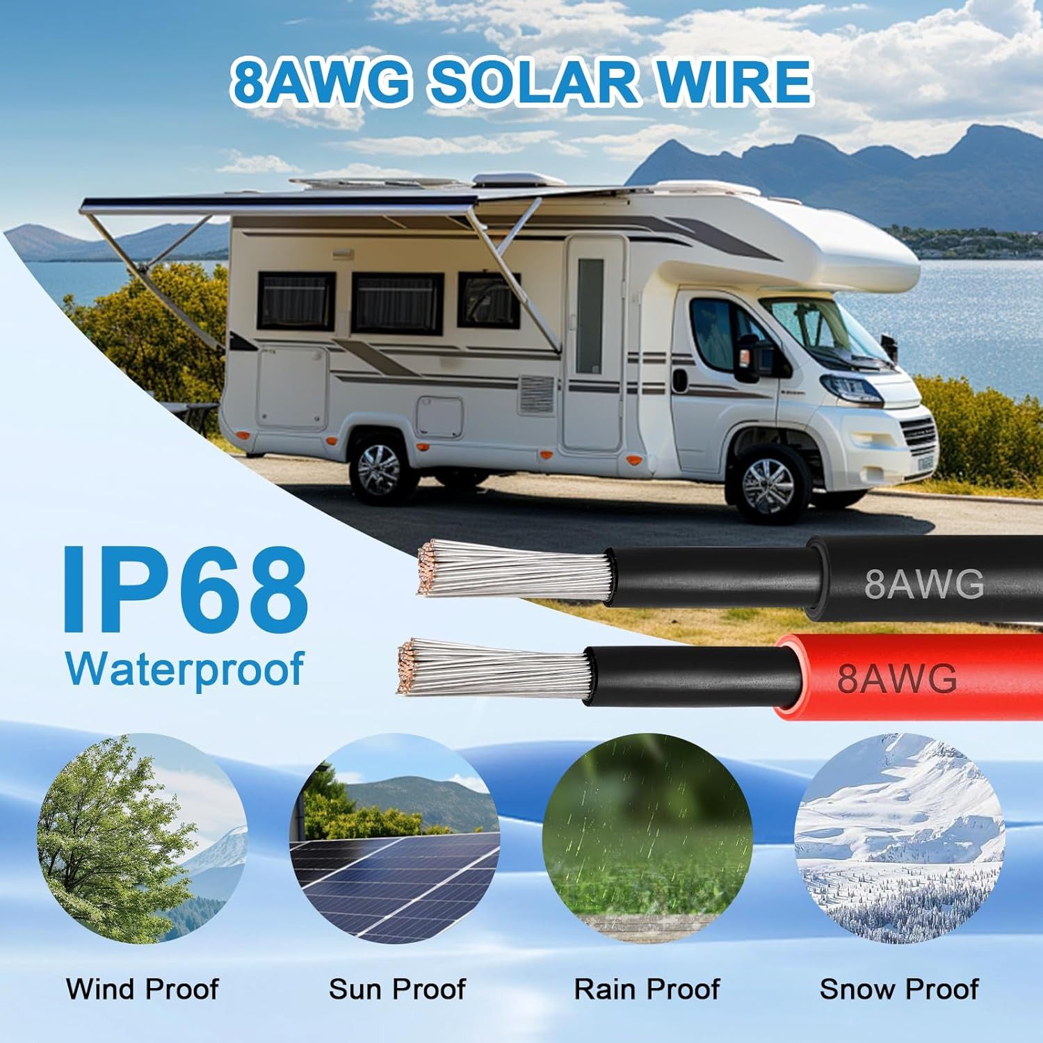 8AWG Solar Panel Wire 10Mm², 2 Pack 50FT Red & Black Solar Extension Cable, PV W