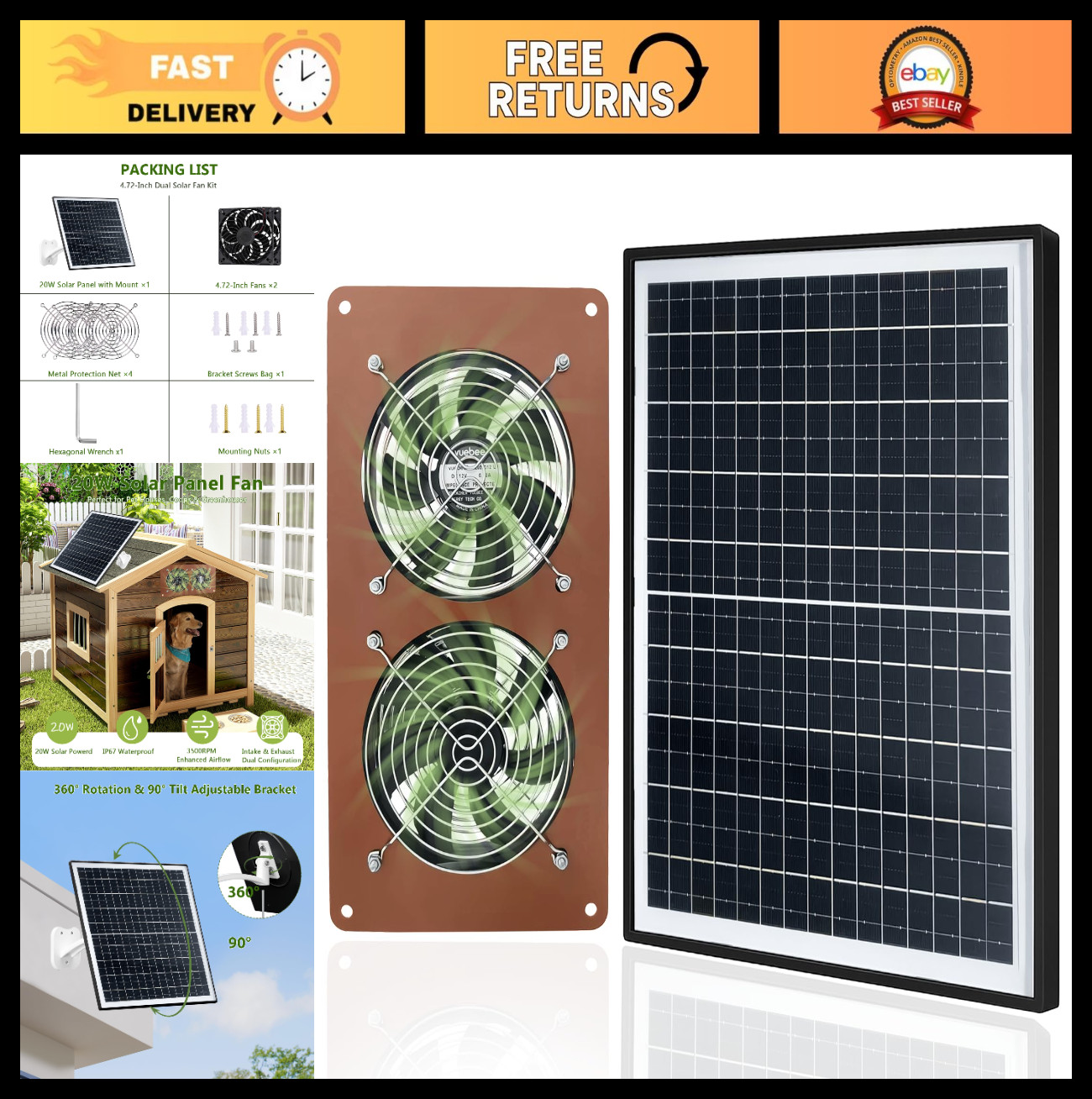 Solar Powered Chicken Coop Fan Kit – 20W Exhaust Fan, Dual 3500RPM, Waterproof,