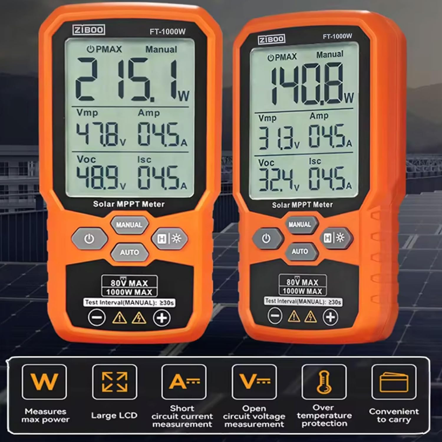 ZIBOO FT-1000W Solar Panel Tester MPPT Meter – 1000W Max Power, 80V/35A PV