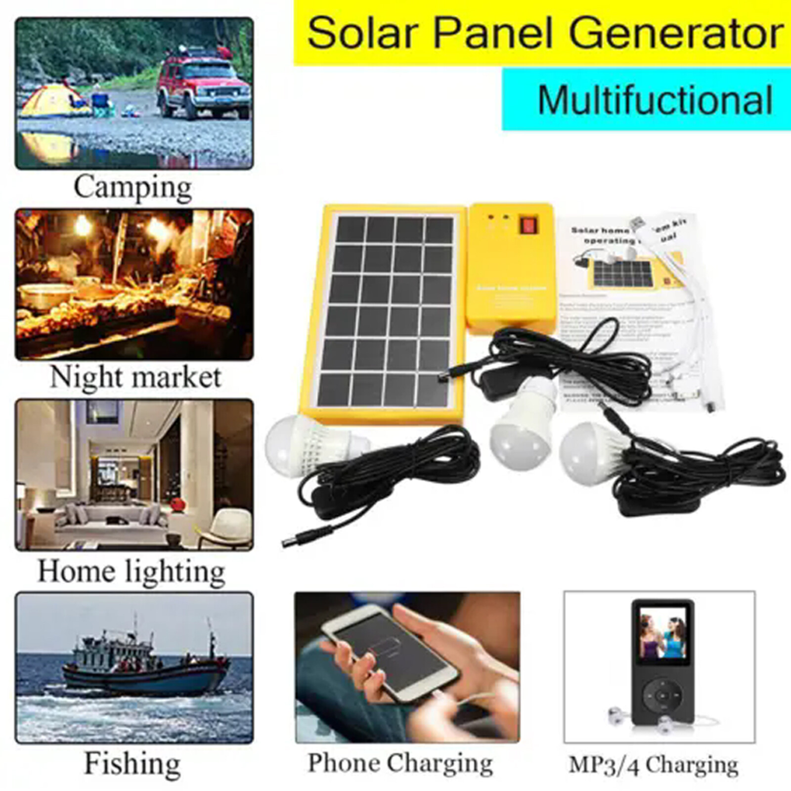 Solar Power Panel Generator Kit 5V USB Home System Charger 3 LED Bulbs Light