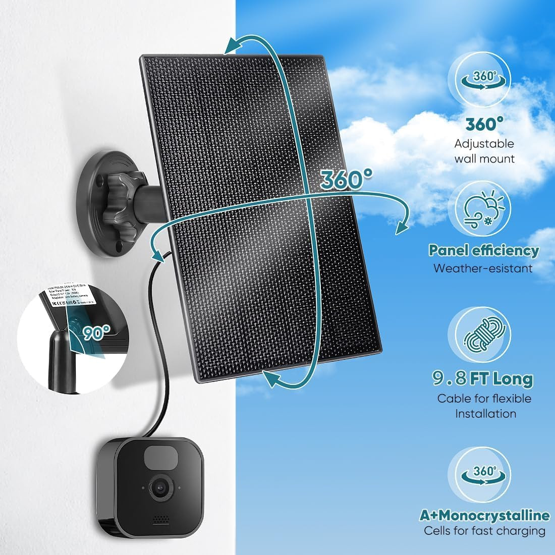 Solar Panel Charger for Blink Camera with 2600mAh Battery, IP66 Waterproof