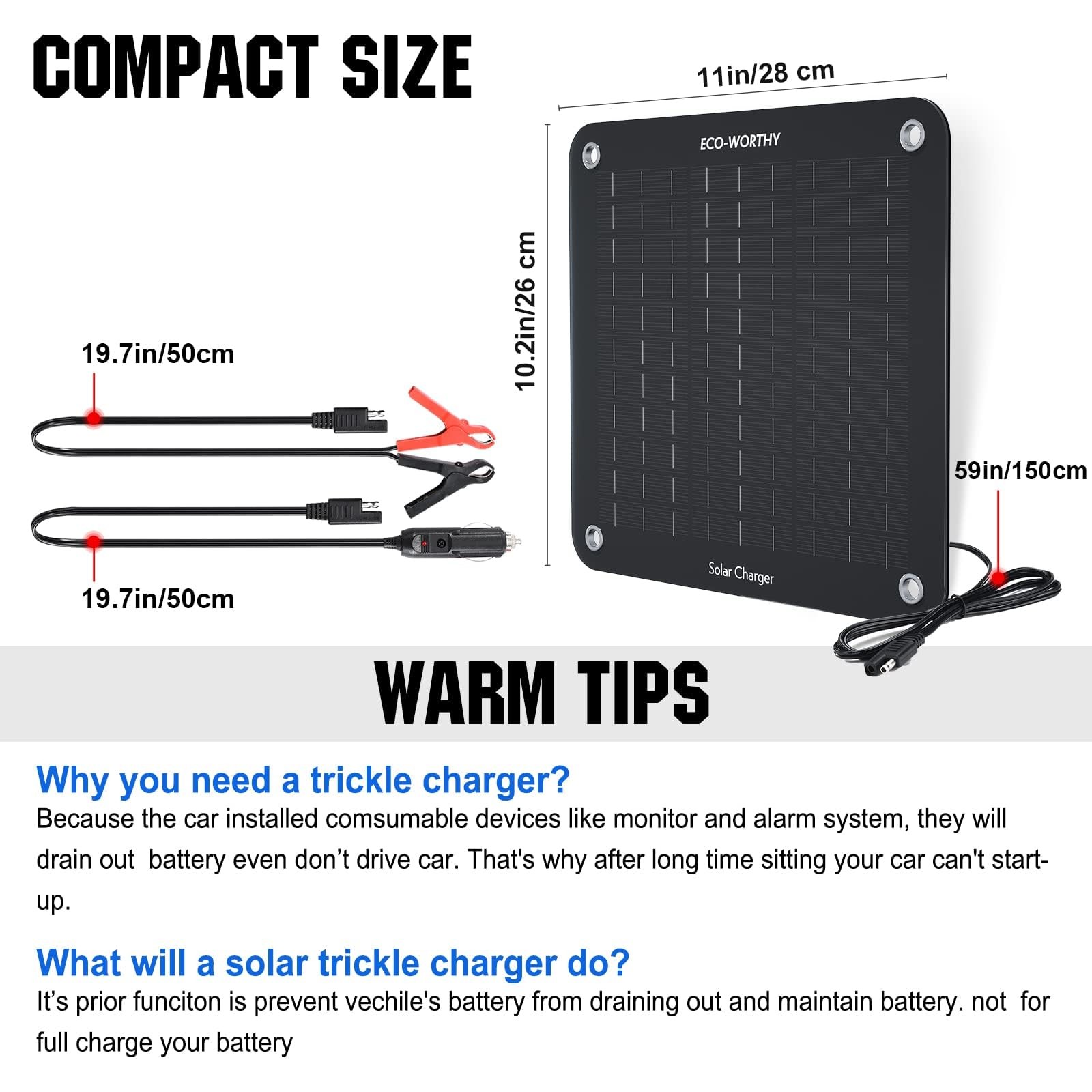 ECO-WORTHY 10W Solar Car Battery Charger Maintainer 12V Waterproof 10W, Black