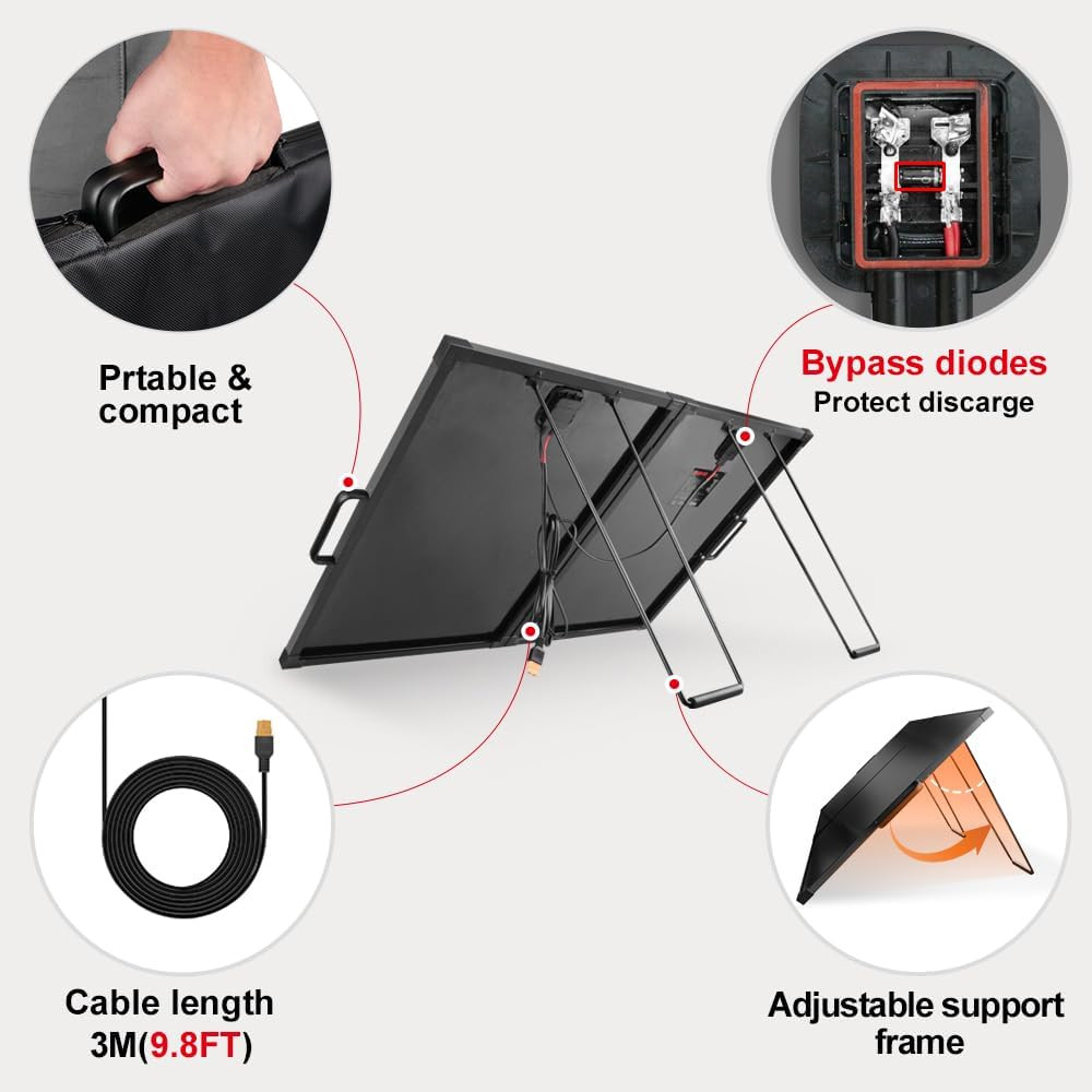 100W 12V Portable Solar Panels Suitcase with Waterproof 10A Charge Controller, F