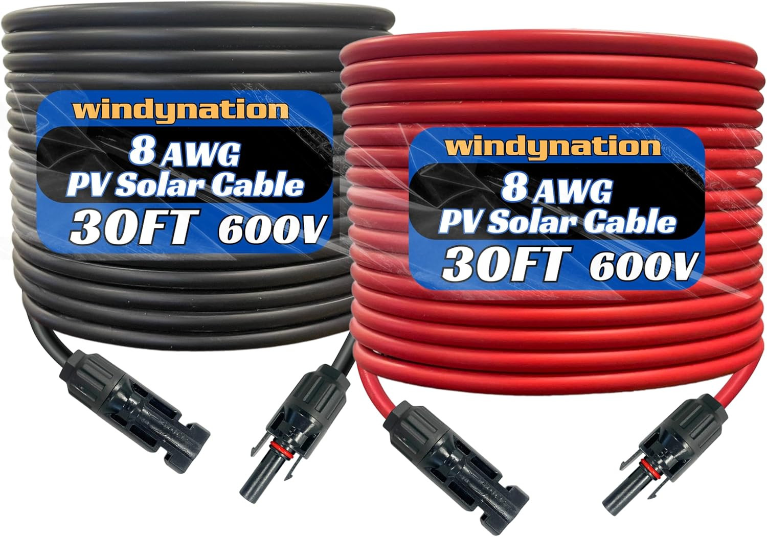 30ft 8 AWG Solar Panel Extension Cable – Black & Red with Connectors