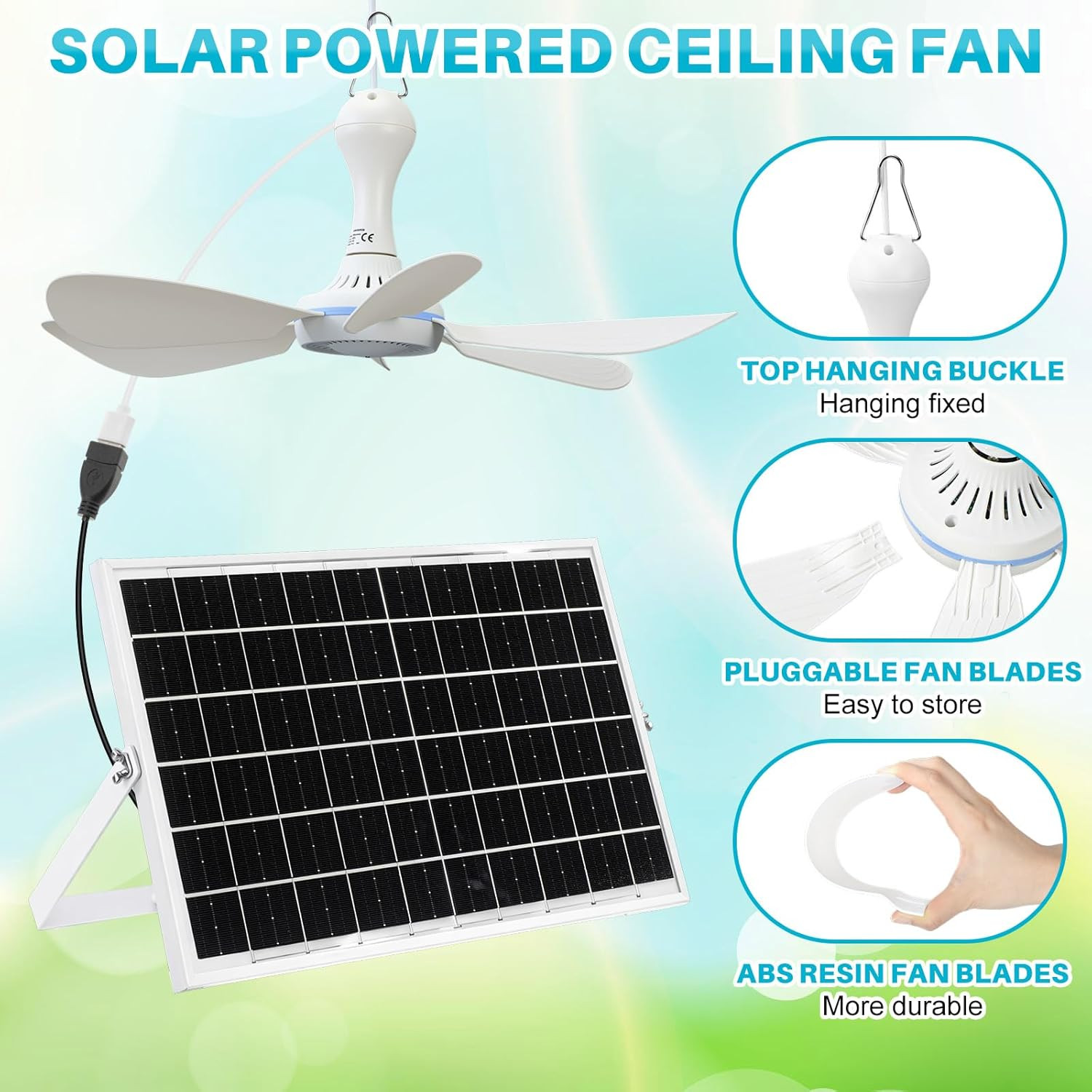 Solar Powered Ceiling Fan Kit – 15W USB Hanging Fan for Outdoor Use