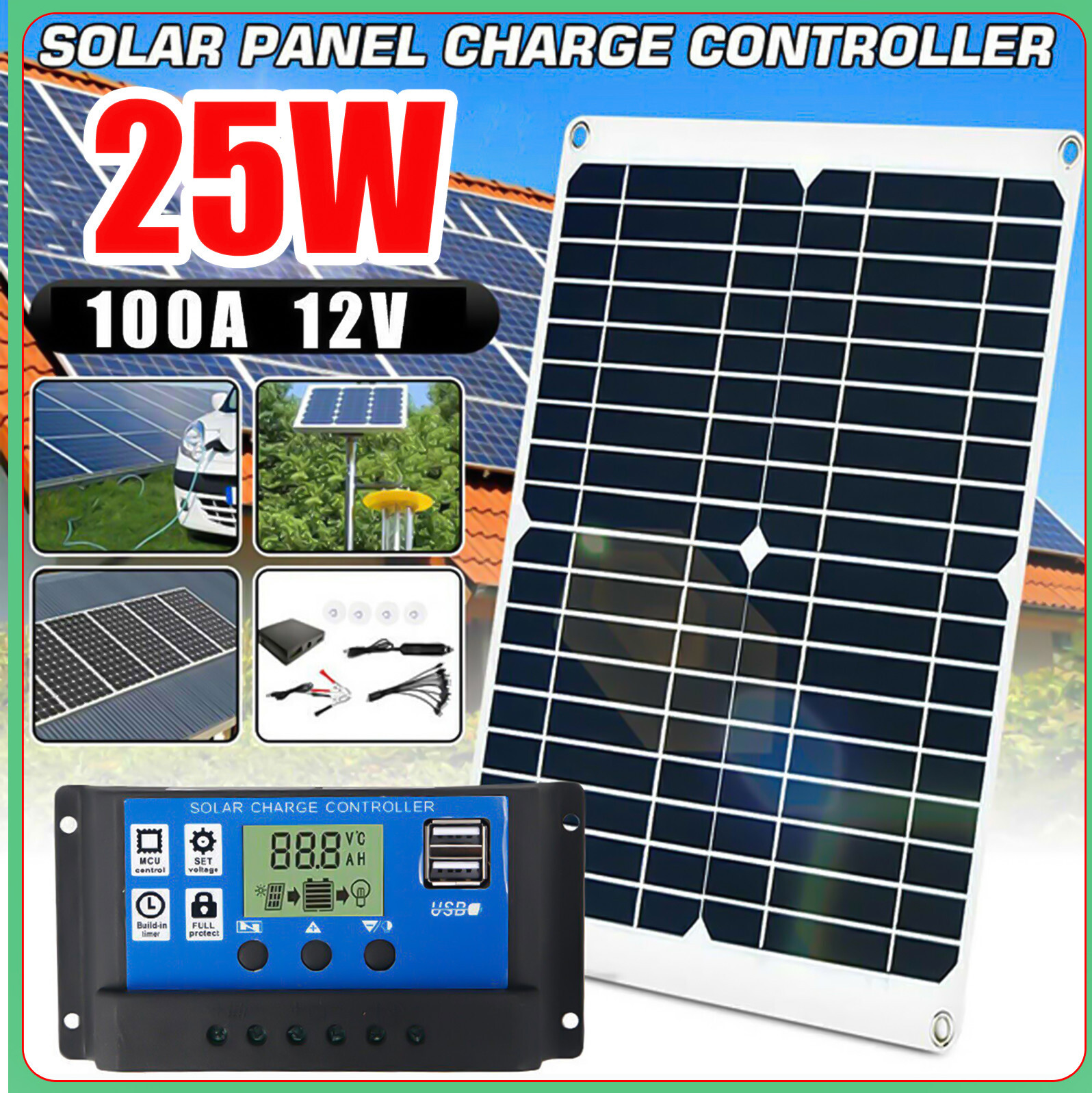 25W Solar Panel Kit 100A 12V Battery Charger with Controller For Cell Phone Fans