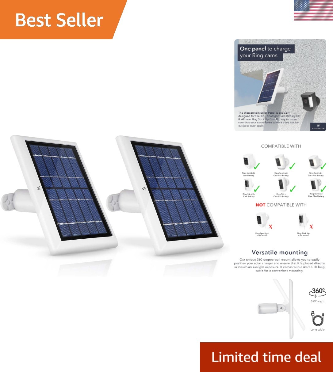 Solar Panel Compatible with Ring Spotlight Cam/Plus/Pro Battery, Stick Up Cam…