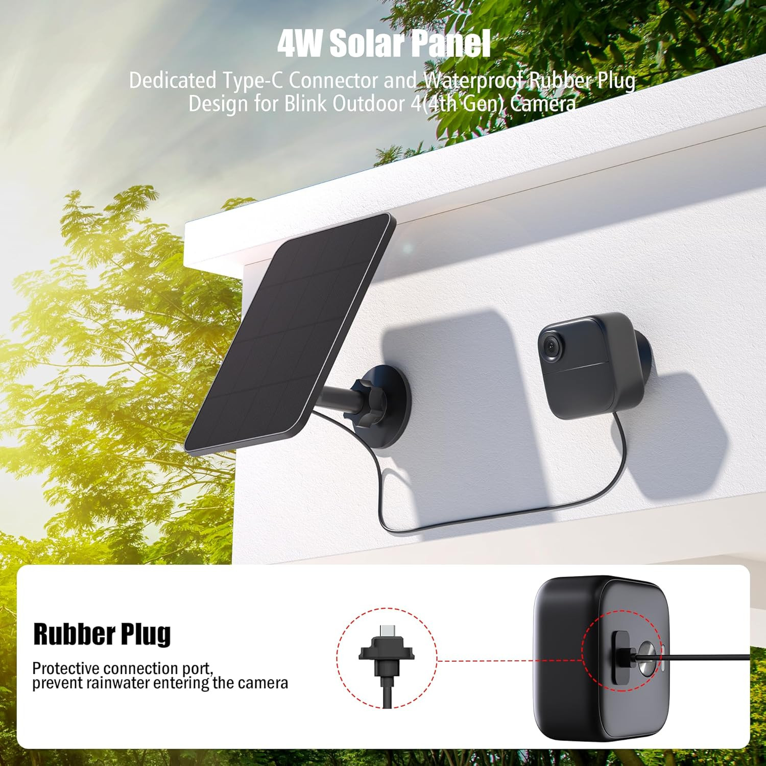 4W Solar Charger for Blink Outdoor Camera, USB-C, IP65 Waterproof, 13.1ft Cable