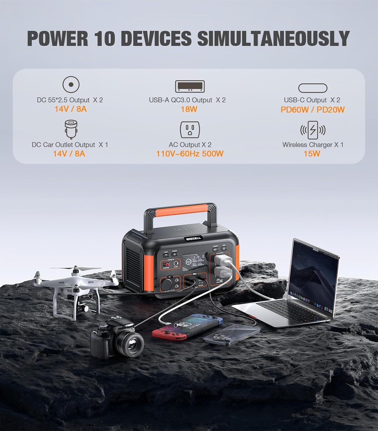GRECELL 444Wh Solar Generator 500W Peak 110V Pure Sine Outlet
