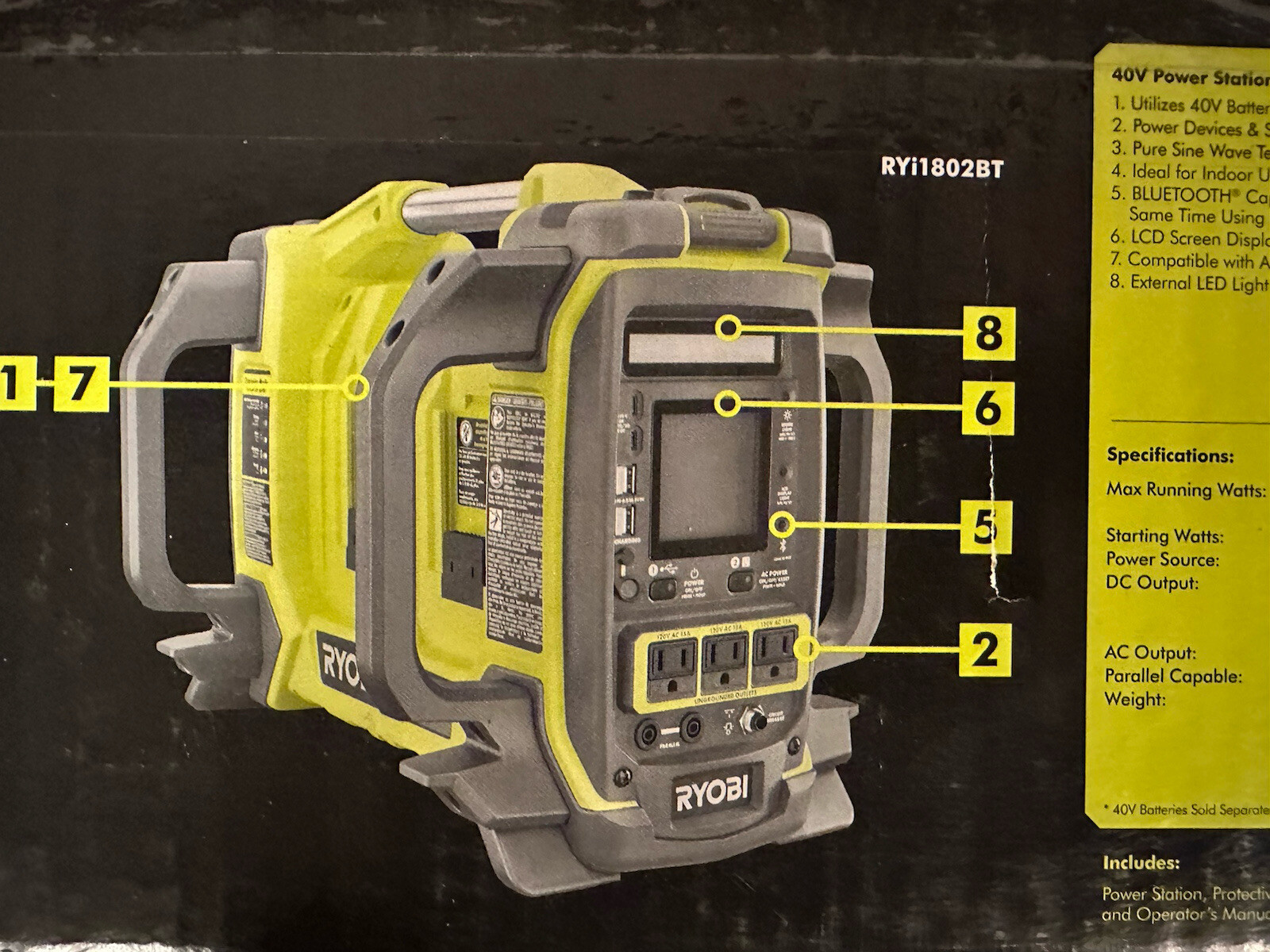 BRAND NEW Ryobi 40V Lithium Battery Inverter Power Station w/ Charging Cable