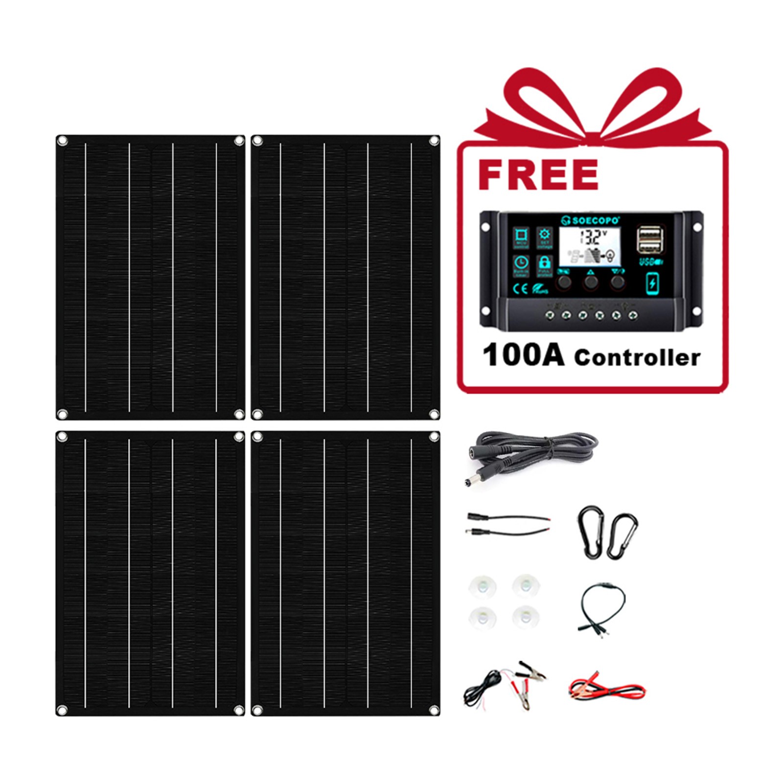 2400W 4-Panel Solar Kit – 100A Controller + Y-Cable/Suction Cups Home/Outdoor