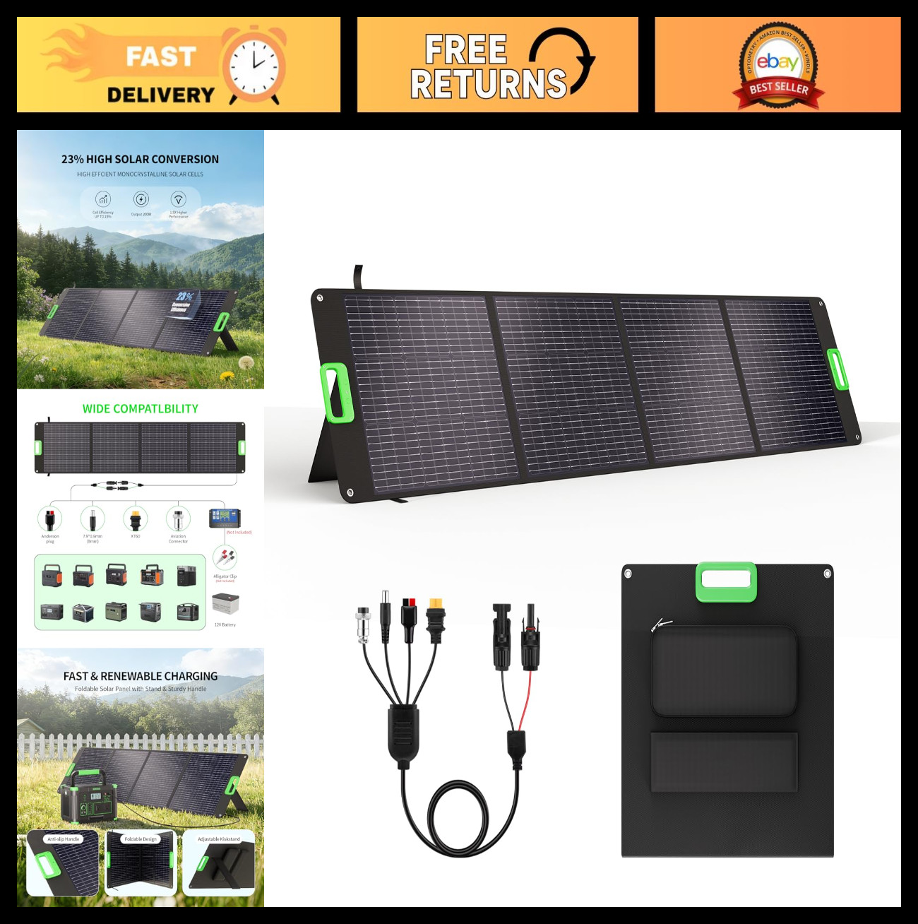 200W Foldable Portable Solar Panel Kit, Waterproof Solar Charger w/ 4 Kickstands