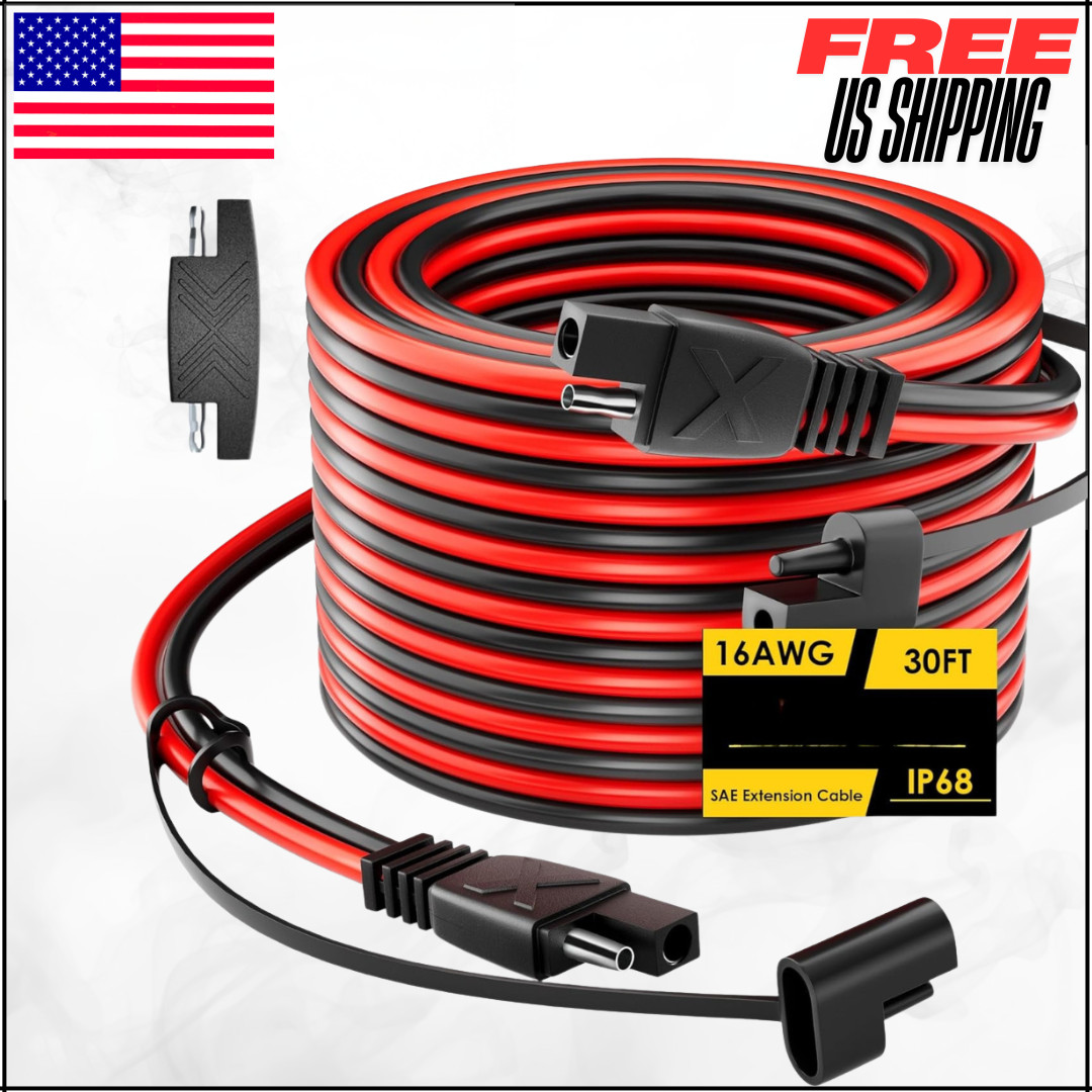 SAE To SAE Extension Cable Pure Copper Cord Wire Connectors W/Adapter 16 AWG 30′