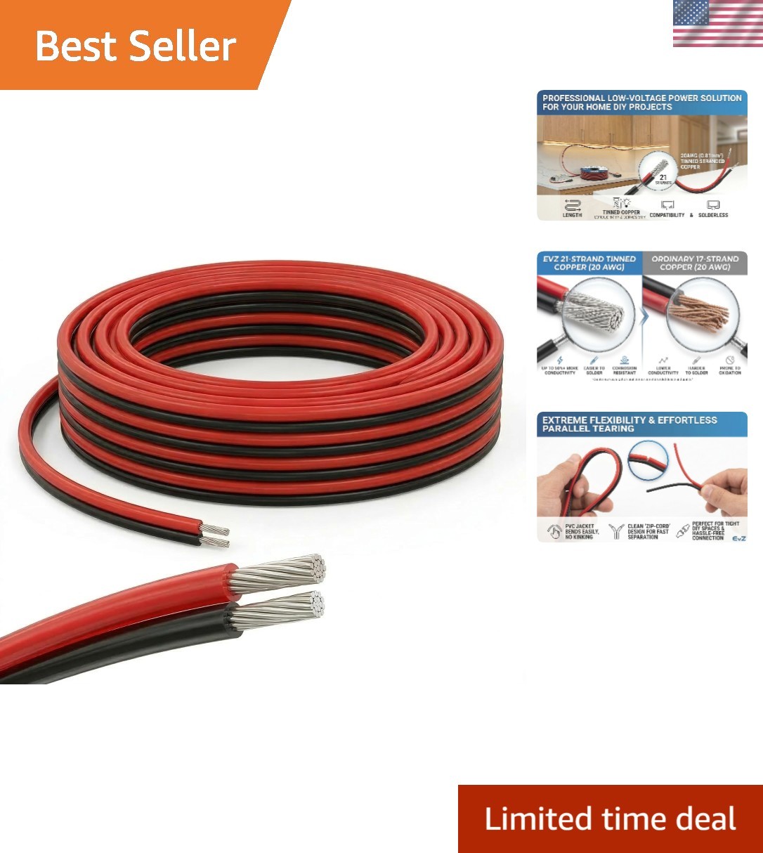 Versatile 20 AWG 2-Conductor Electric Cable – 66ft for Single Color LED Lighting