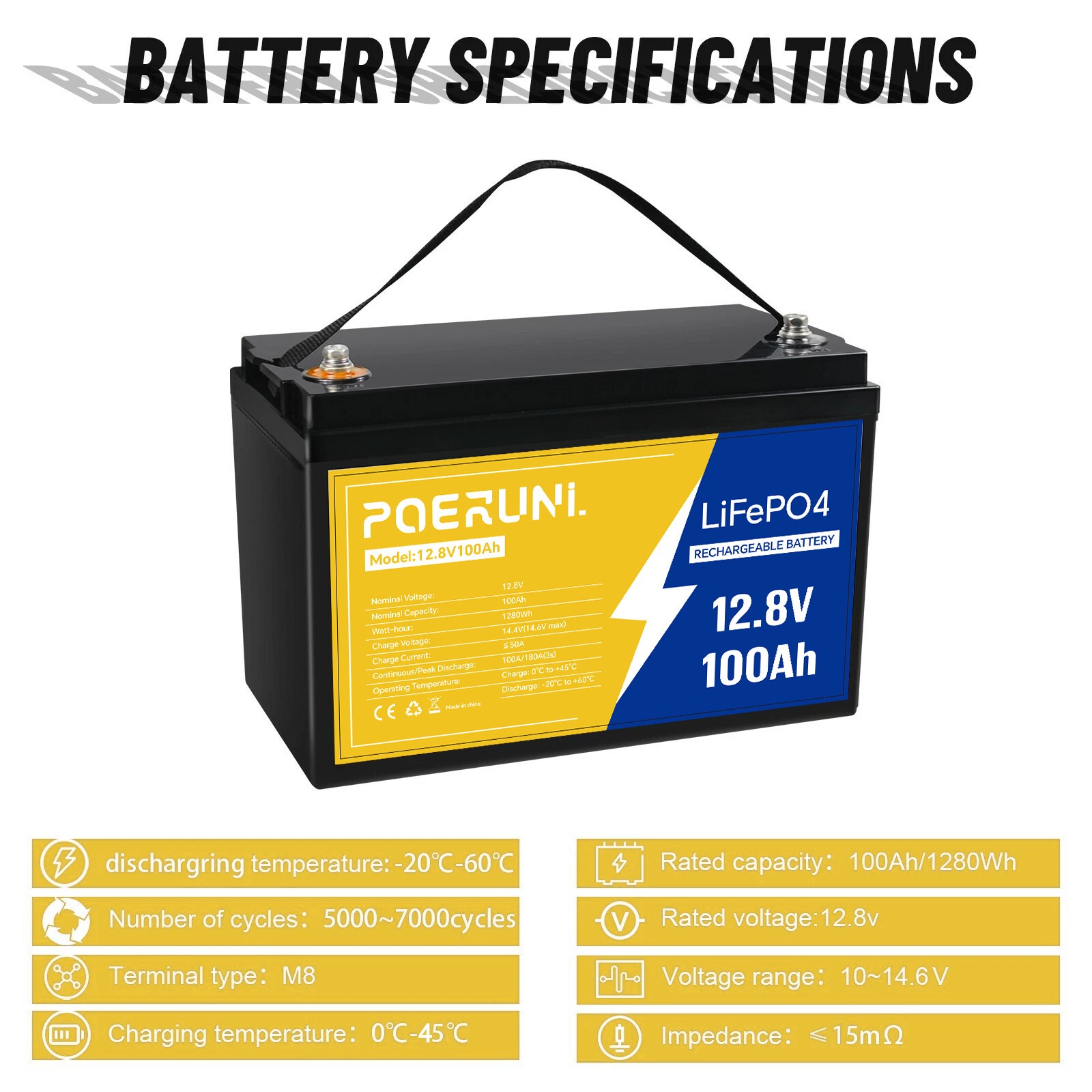POERUNI 100Ah 12V LiFePO4 Battery BMS for RV/Marine/Off-Grid 2 Sizes Available