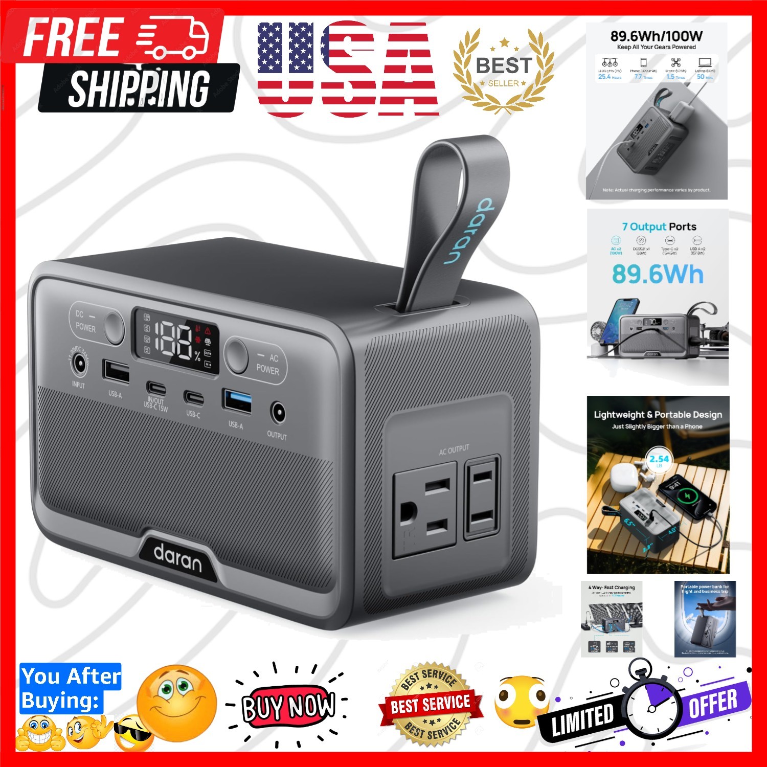 Portable Power Station 89.6Wh LiFePO4 Battery 100W200W Peak Solar Power Bank,…