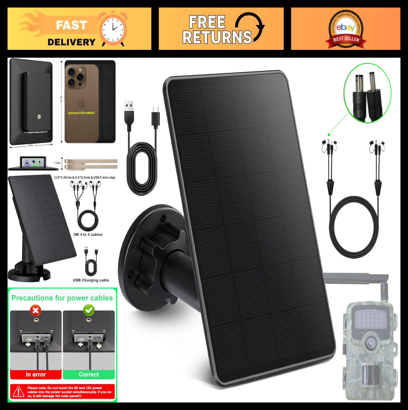 Solar Panel for Trail Cameras, 5000mAh Rechargeable Battery, IP66 Waterproof, 10