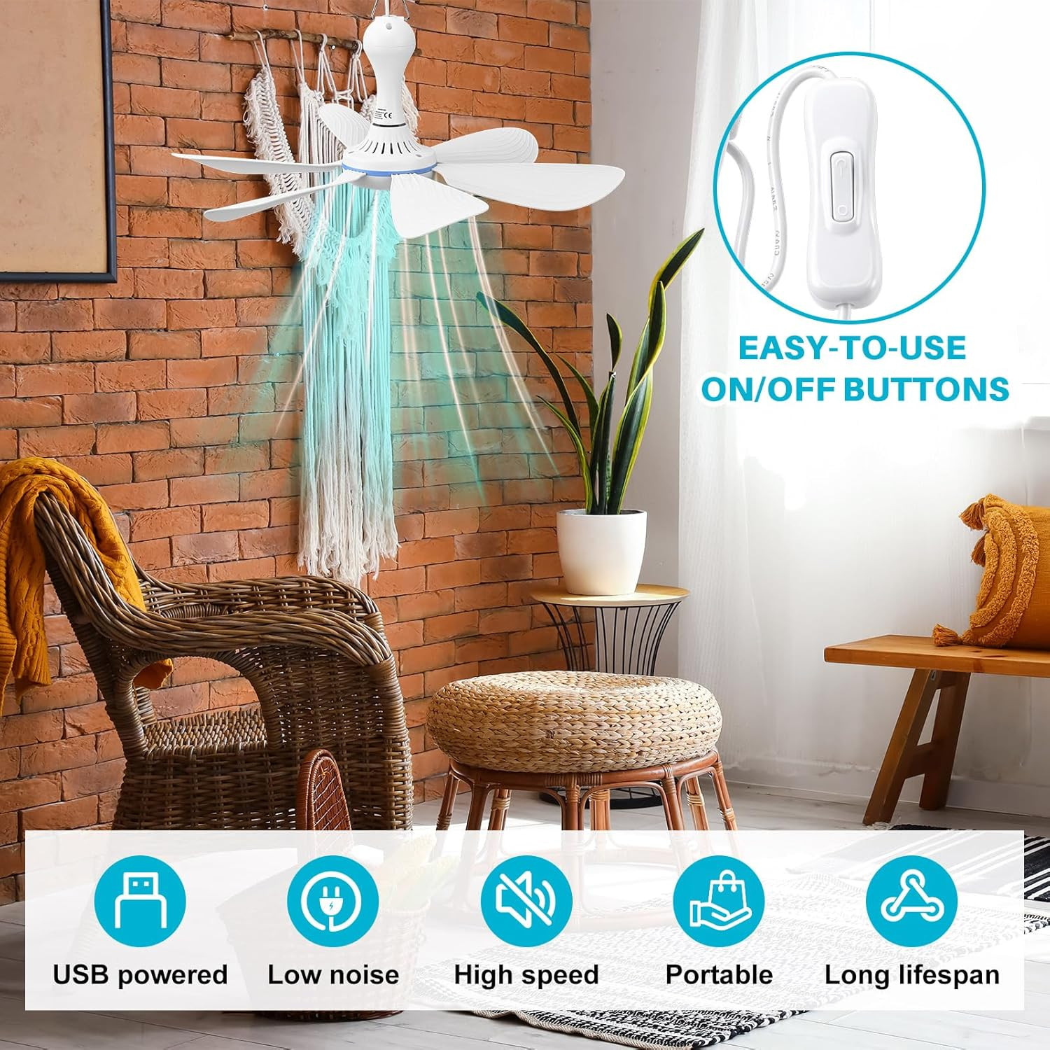 Solar Powered Ceiling Fan Kit – 15W USB Hanging Fan for Outdoor Use
