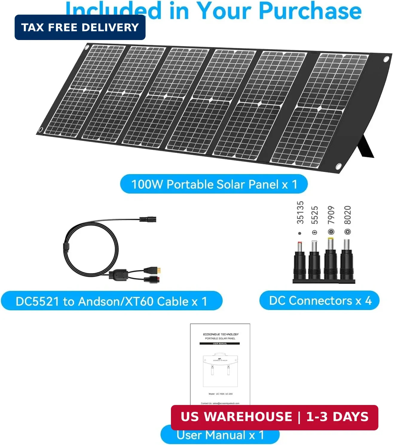 100W Portable Solar Panel Extremely Lightweight Compact Foldable with USB QC3.0,