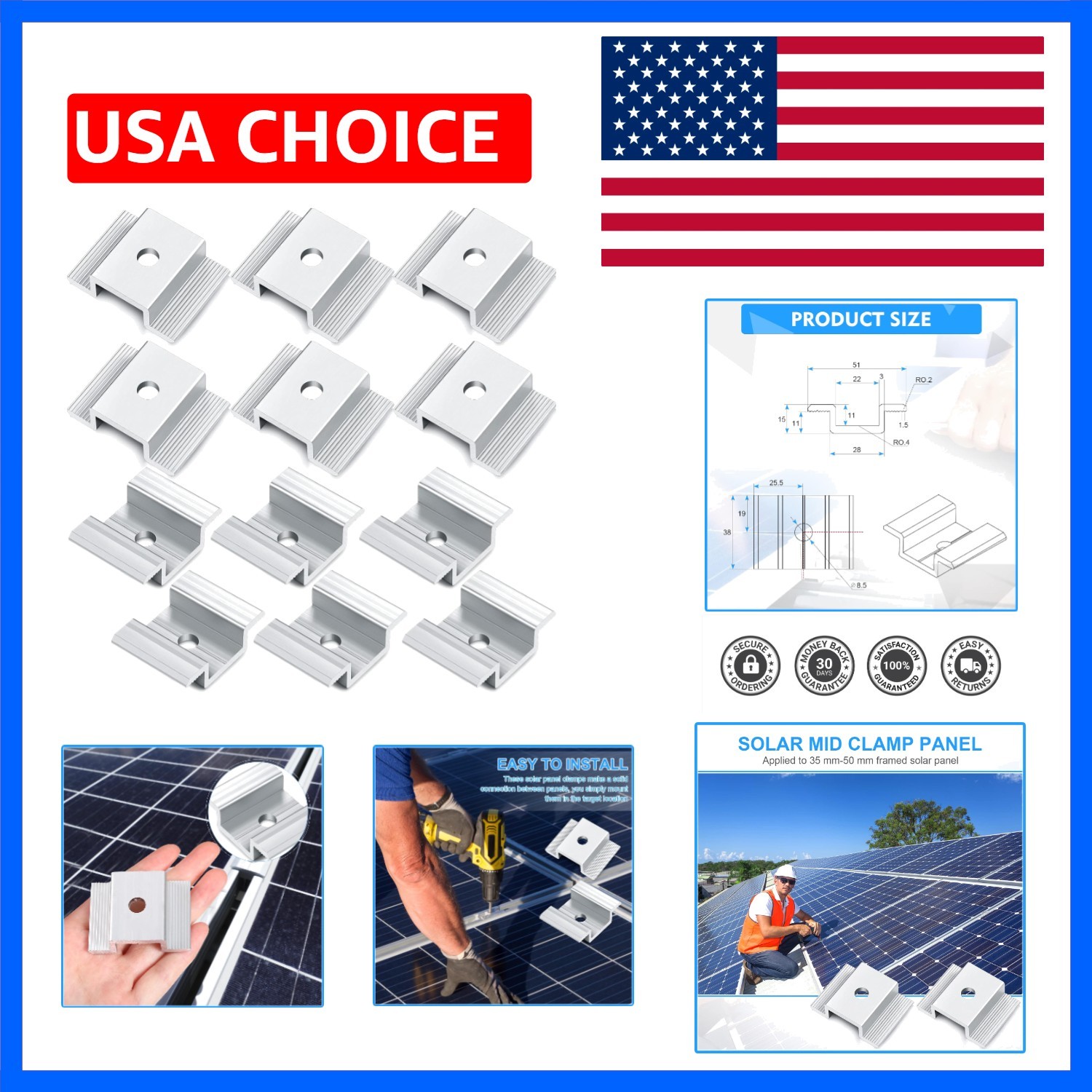 12 Pack Solar Panel Mid Clamps 1.06 Inch Solar Panel Bracket Aluminium Mounti…
