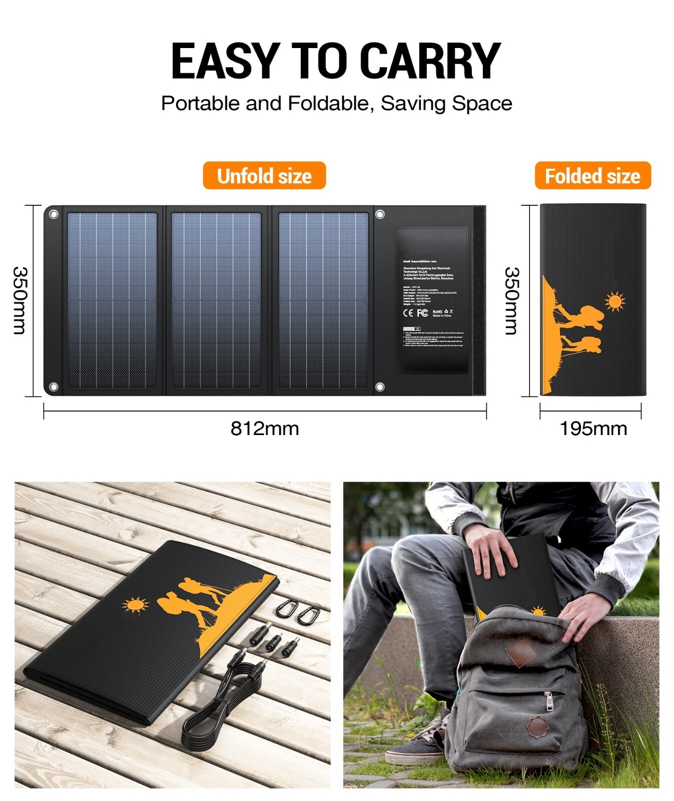 30W Solar Charger USB-A QC3.0 24W USB-C DC 30W Outputs, Foldable Solar Panel