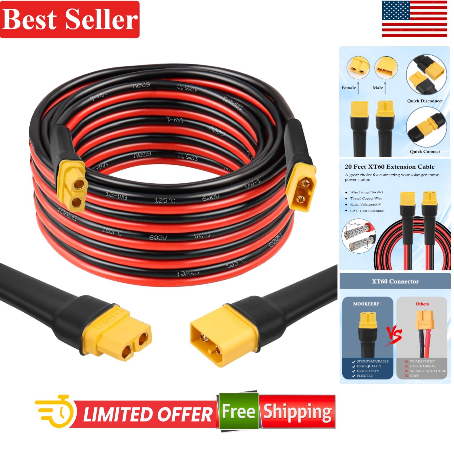 XT60 Extension Cable 20ft 10AWG Male to Female for Portable Power Solar RC Ba…