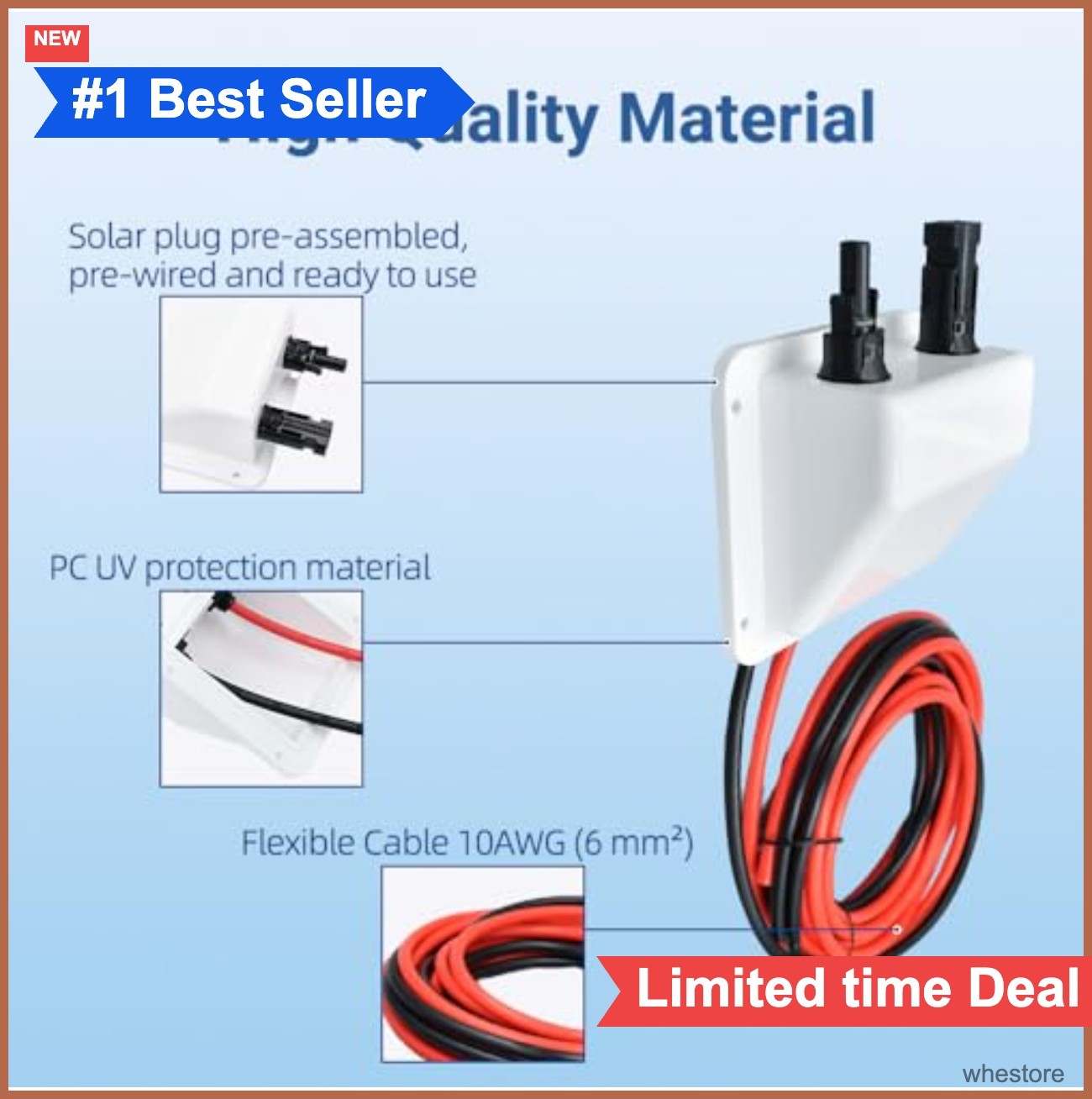 Solar Dual Cable Entry Housing IP68 UV Resistant 10AWG 3.28ft for RV Boat Solar