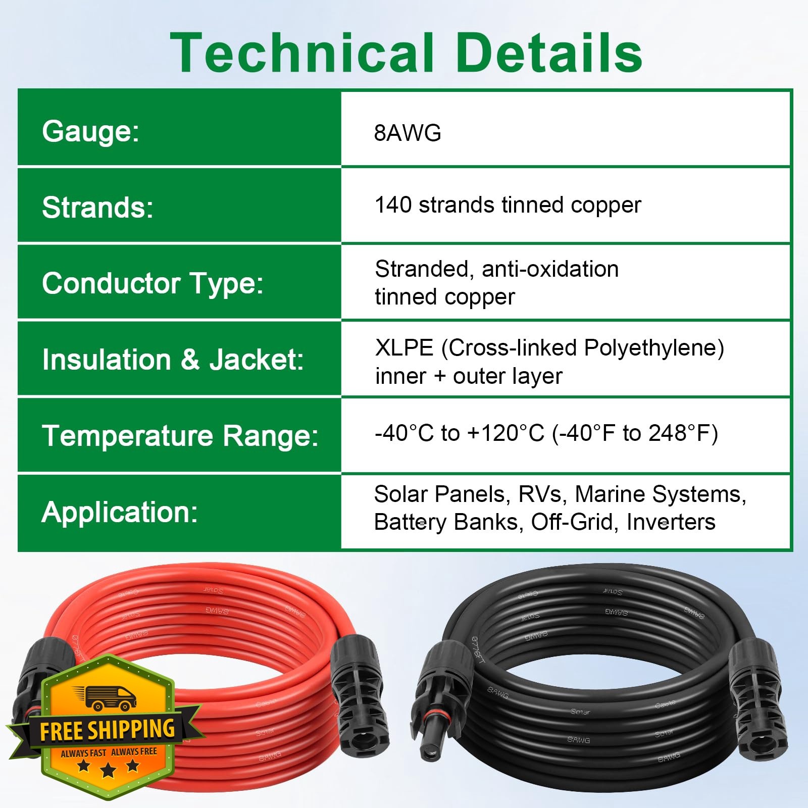 XRDS-RF Solar Extension Cable 8AWG 3FT Red Black 2pk