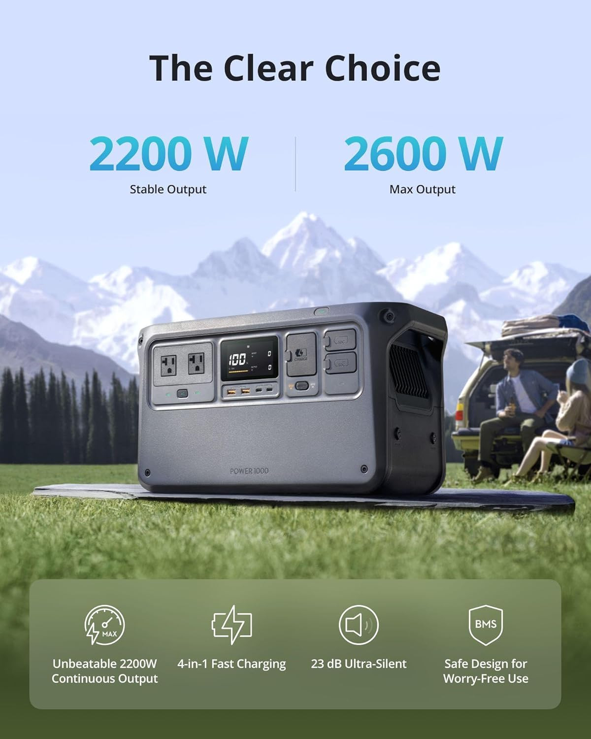 Power 1000 Portable Power Station, 1024Wh Lifepo4 Battery, 2200W (Peak 2600W) AC