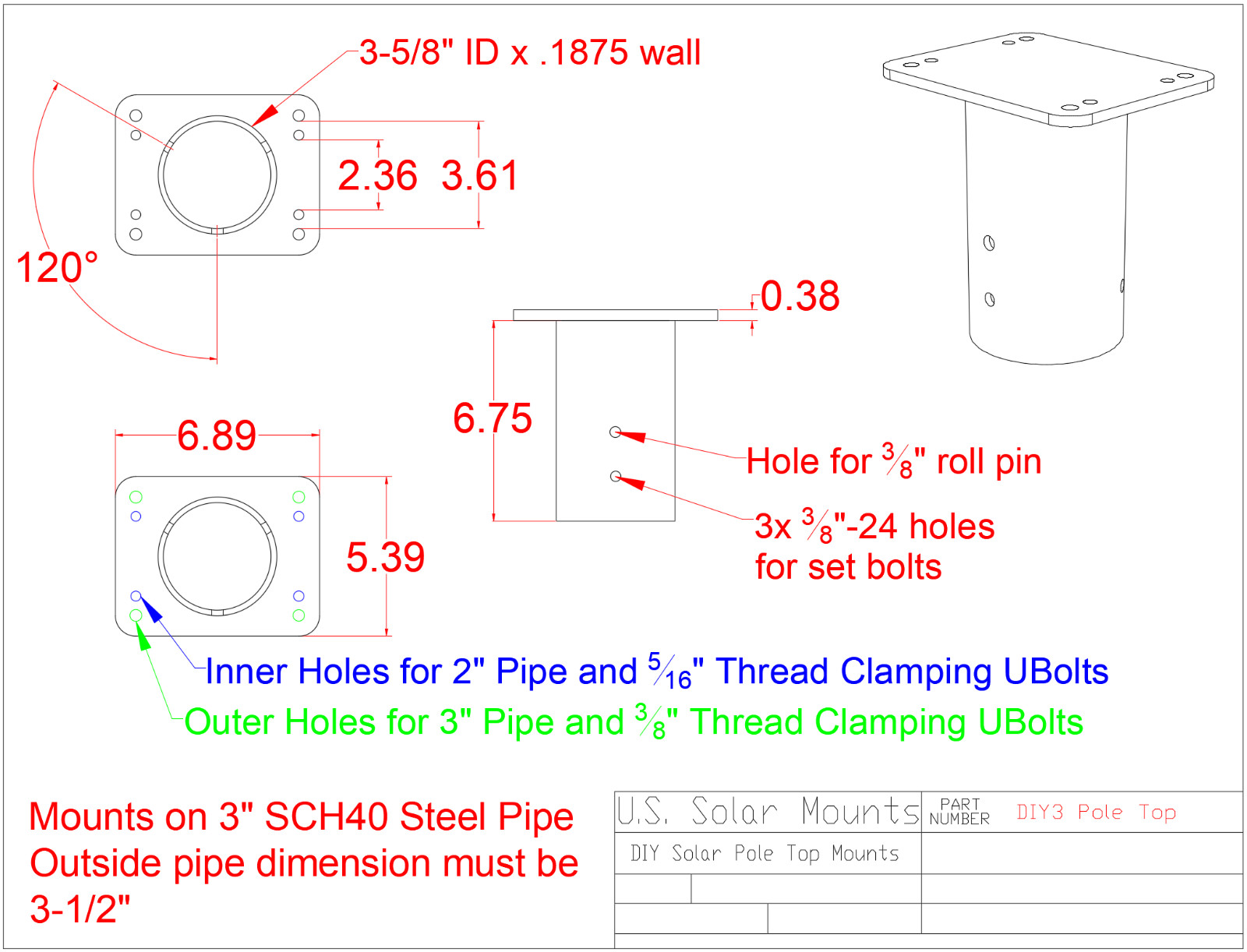 Off-Grid 3″ Solar Racking SlipFitter – DIY Top of Pole Mount