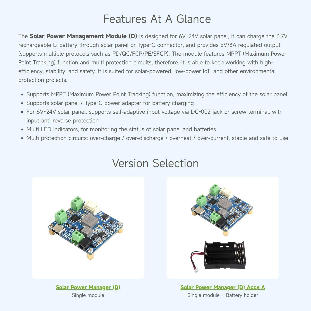 Solar Power Manager Module (D), Solar Charge Controller USB, Supports 6V~24V Sol