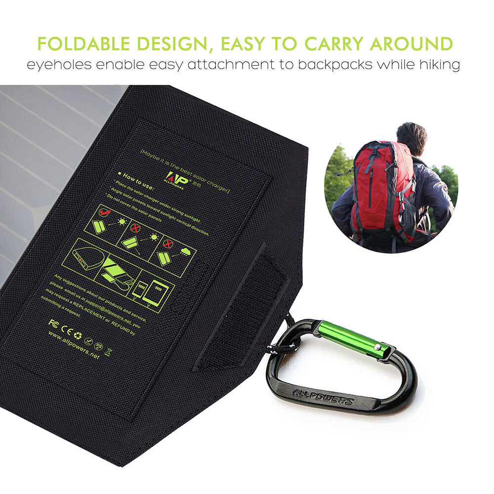 ALLPOWERS Solar Panel 5V 21W Portable Solar Charger USB Output For Camping Hike