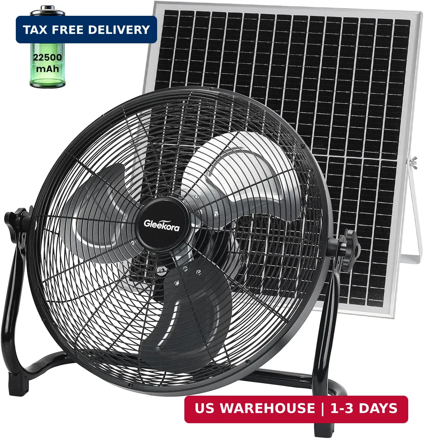 16” Solar Powered Fan with 35W Solar Panel, Rechargeable Battery Operated Floor