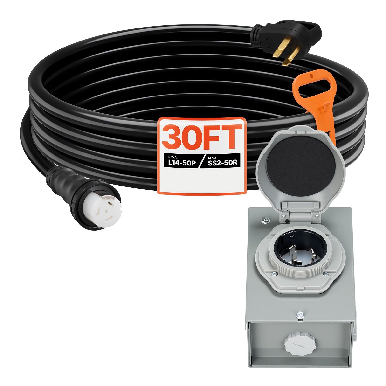 50 Amp Generator Cord and Power Inlet Box, 30FT, 125V/ 250V STW 6/ 3 + 8/ 1 AWG