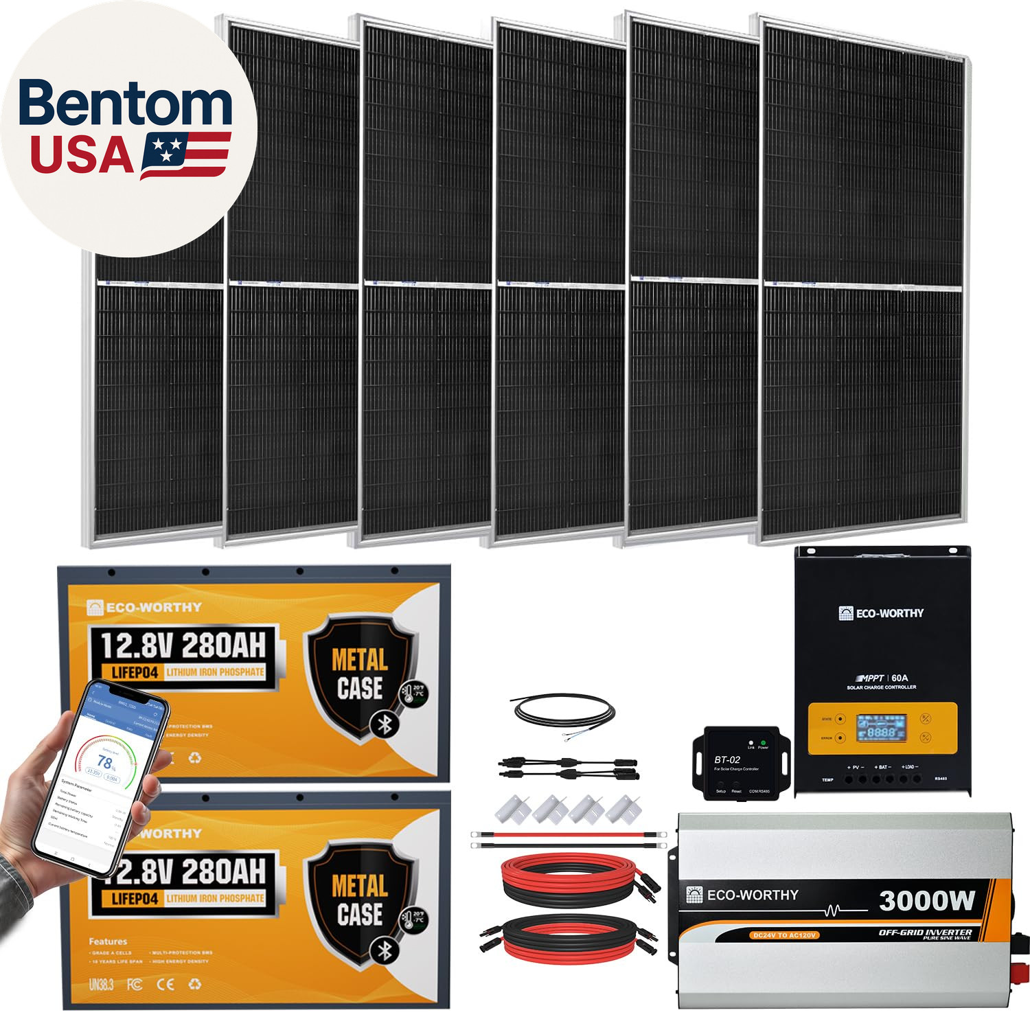 [Ultra] 1200W 24V 5.52KWH Lithium Battery Solar System off Grid:6Pcs 195W Solar