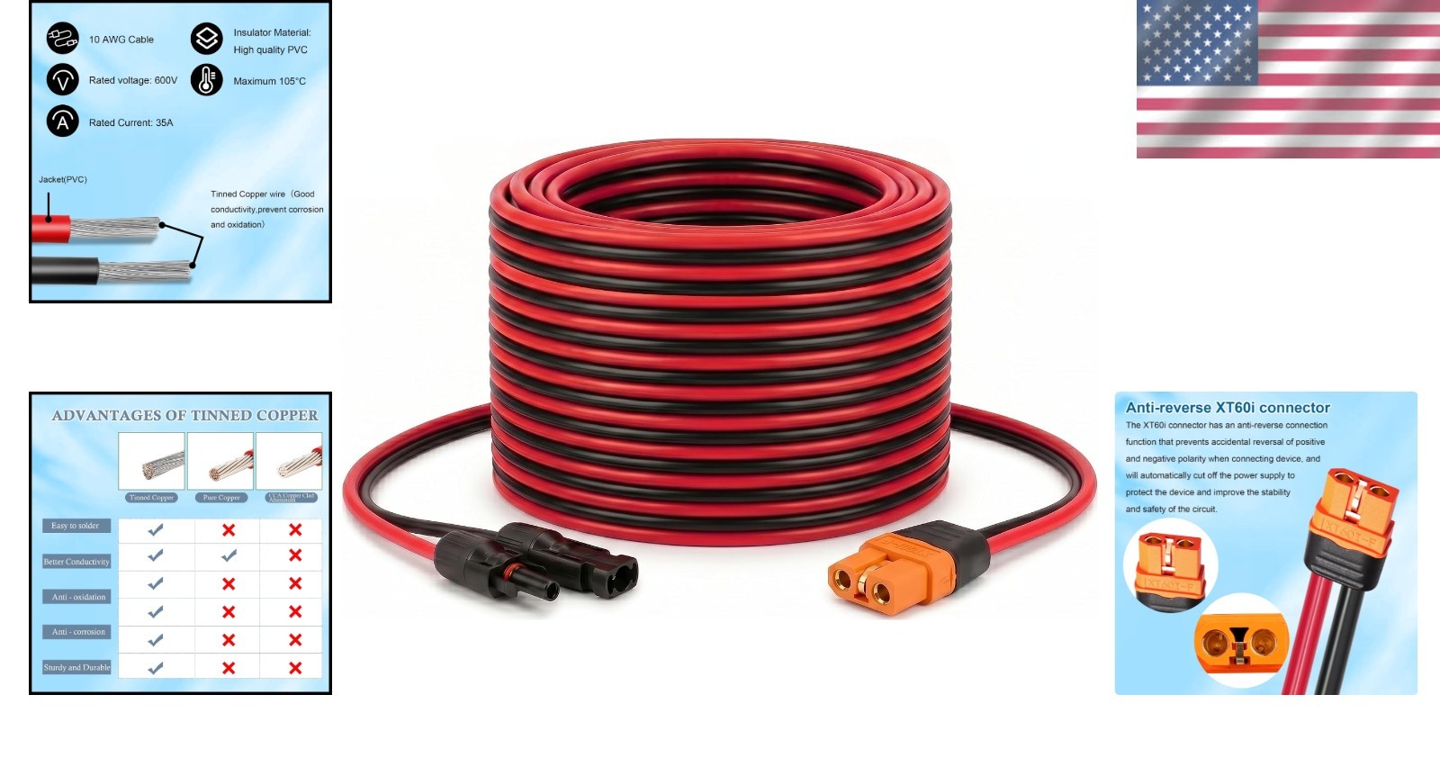 25ft Solar to XT60i Cable 10AWG – Waterproof Connectors