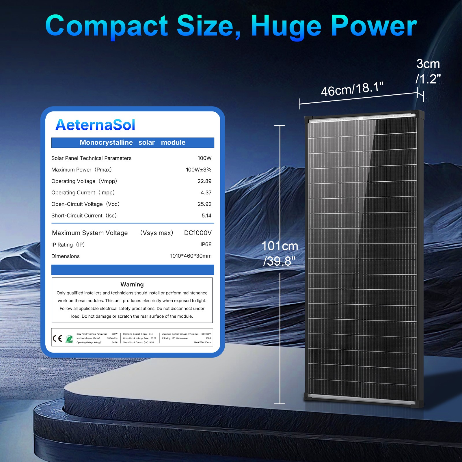 AeternaSol 20Pack 100W Bifacial Solar Panel 18V Mono N-Type PV Home RV Off Grid
